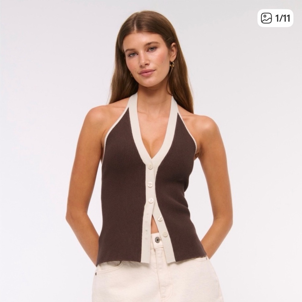 Abercrombie Halter Ribbed Button-Front Top in Brown and Cream